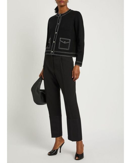 Tory Burch Black Topstitch Wool Cardigan