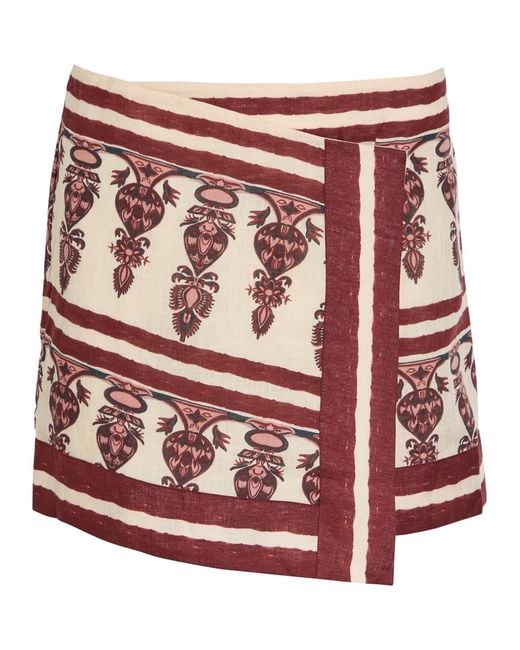 Johanna Ortiz Red Roots Printed Linen Mini Wrap Skirt