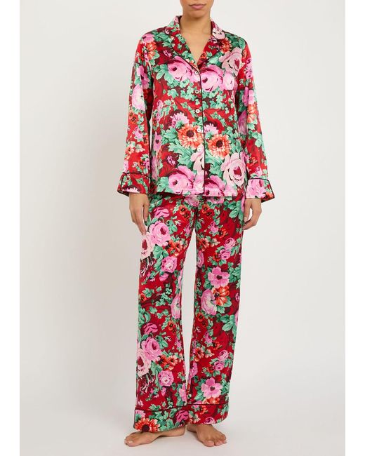 Olivia Von Halle Red Lila Floral-Print Silk Pyjama Set