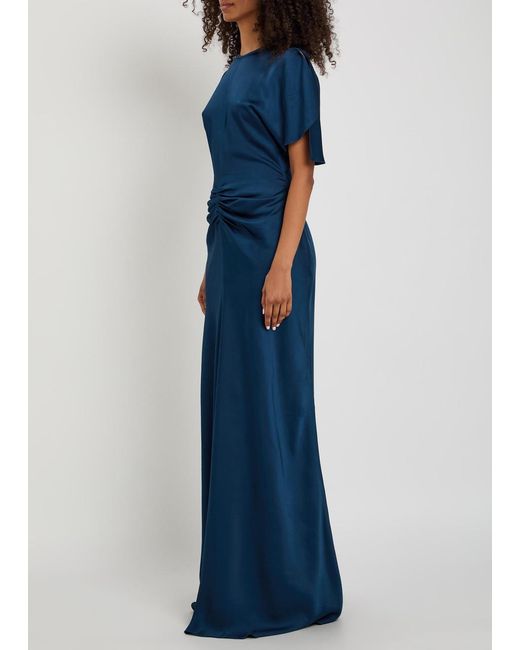 Victoria Beckham Blue Isabella Gathered Satin-Crepe Gown