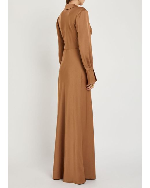 Jonathan Simkhai Brown Adelle Draped Satin Maxi Shirt Dress