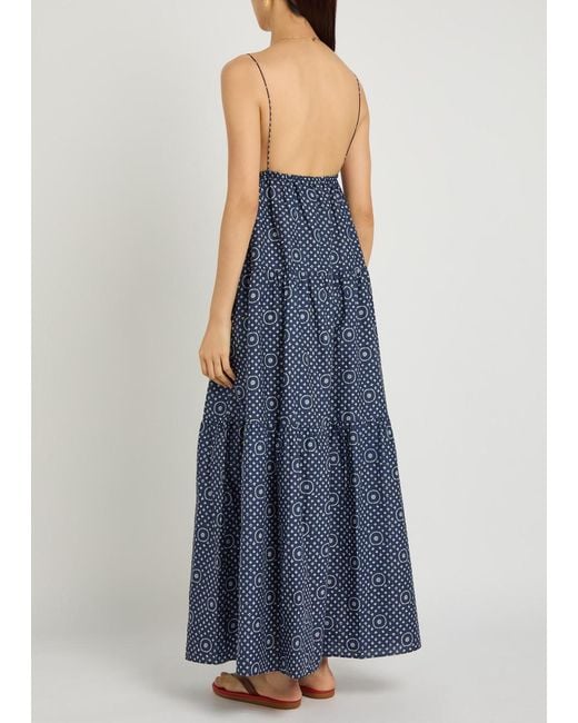 Matteau Blue Printed Tiered Cotton-Poplin Midi Sundress