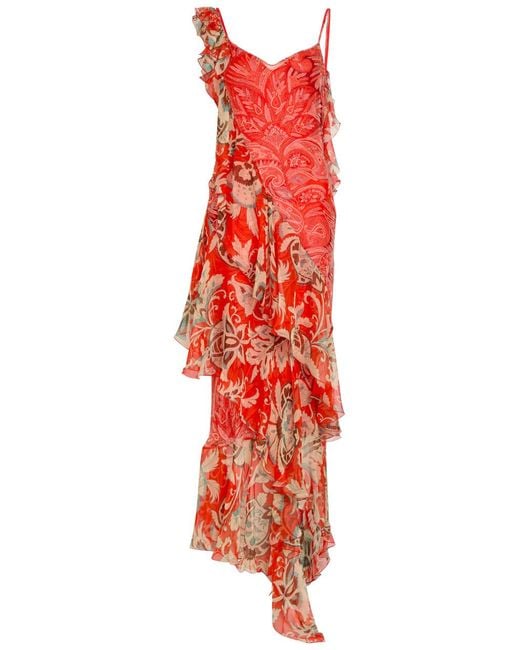 Etro Red Floral Print Ruffled Silk Maxi Dress