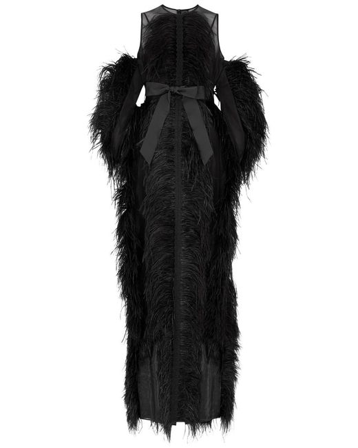 Huishan Zhang Black Debra Feather-trimmed Silk-organza Gown