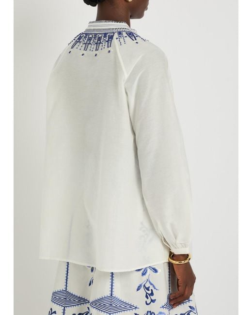 Emporio Sirenuse White Illizia Embroidered Cotton-Blend Blouse