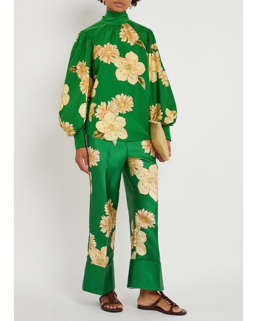 ALÉMAIS Green Sage Floral-Print Satin Trousers