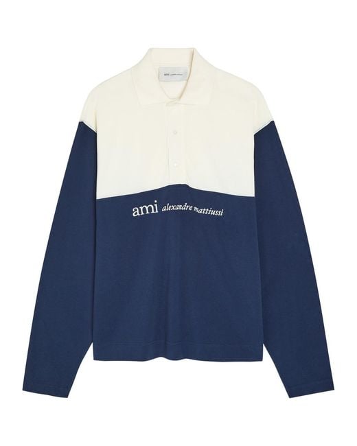 Ami Paris Men's Blue Logo-Embroidered Paneled Piqué Cotton Polo Shirt