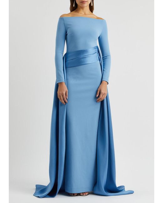 Solace London Blue Irma Off-The-Shoulder Draped Gown