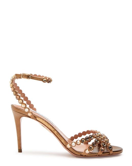 Aquazzura Tequila 85 Embellished Metallic Leather Sandals