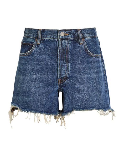 FRAME Blue The Long Hang Frayed Denim Shorts