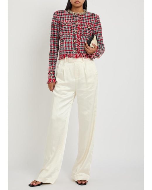 Self-Portrait White Tailored Straight-Leg Satin Trousers