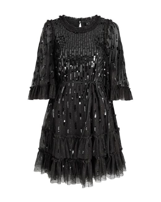 Needle & Thread Black Sequin Dash Embellished Tulle Mini Dress