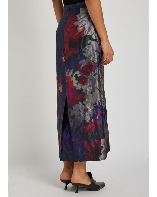 Erdem Blue Floral-Print Textured Satin Midi Skirt