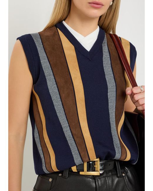 Versace Blue Patchwork Fine-Knit Wool And Suede Vest