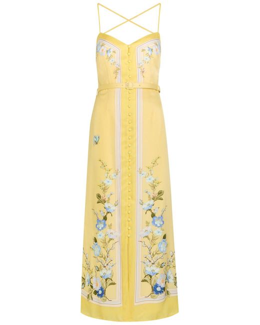 Self-Portrait Yellow Belted Floral Satin Midi Dress