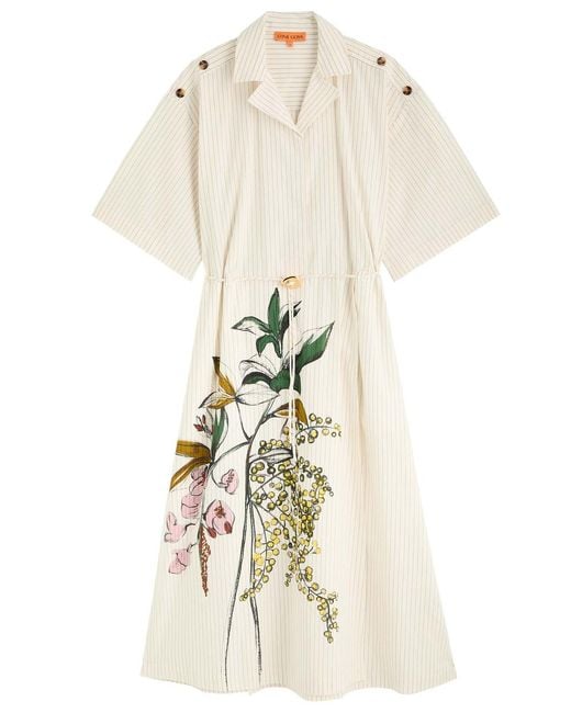 Stine Goya White Striped Printed Cotton Midi Shirt Dress