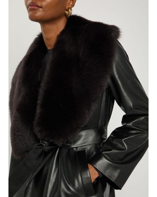 Nour Hammour Black Kelsey Fur-Trimmed Belted Leather Jacket