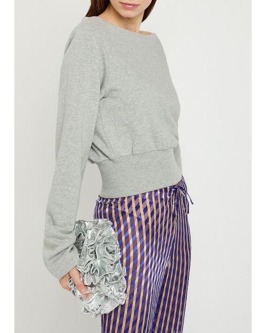 Dries Van Noten Gray Ruffled Crinkled Metallic Leather Clutch