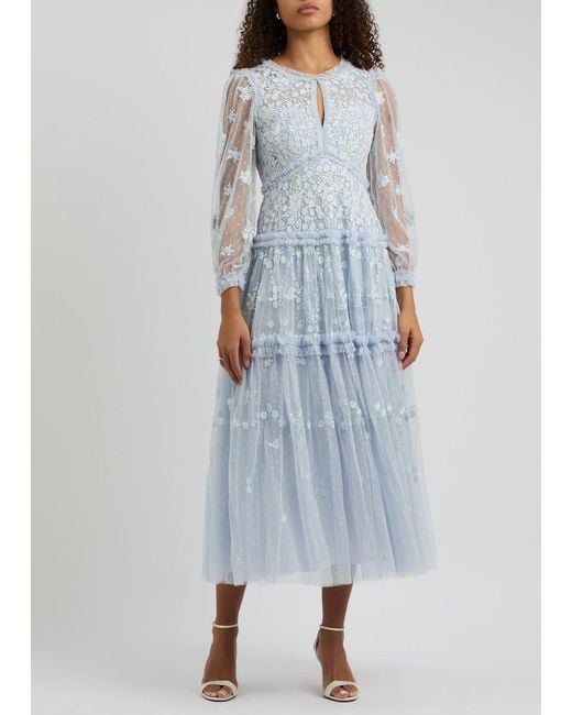 Needle & Thread Blue Autumn Lace Embroidered Tulle Maxi Dress