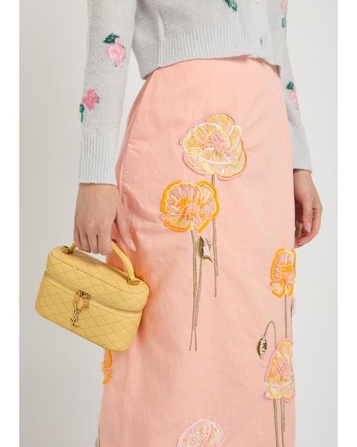 BERNADETTE Pink Norma Floral-Embroidered Cotton And Linen-Blend Midi Skirt