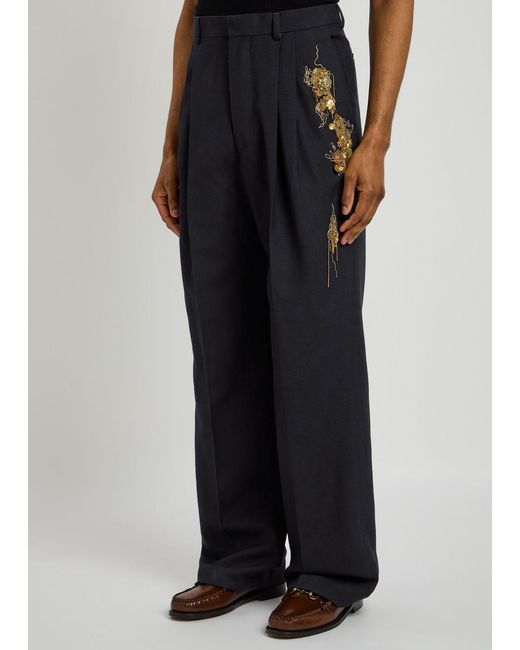 Dries Van Noten Blue Panrom Embellished Wool-Blend Trousers for men