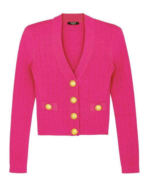 Balmain Synthetic Fuchsia Cropped Stretchknit Cardigan in Pink Lyst