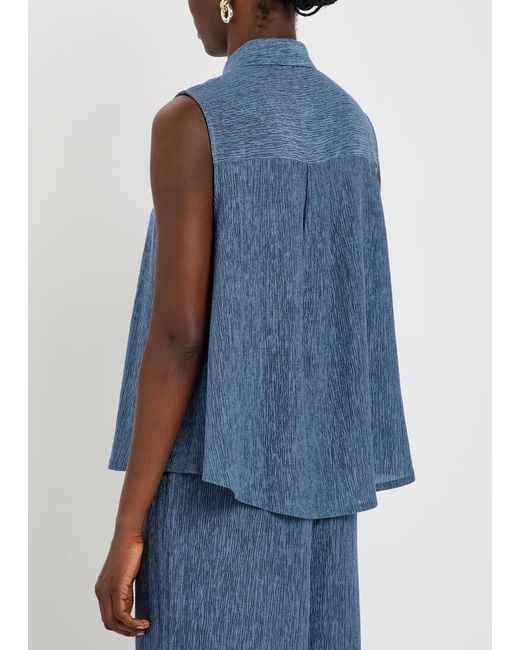 Eileen Fisher Blue Crinkled Sleeveless Woven Shirt