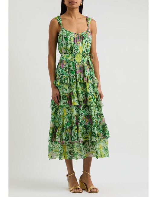 Diane von Furstenberg Green Modena Printed Chiffon Midi Dress