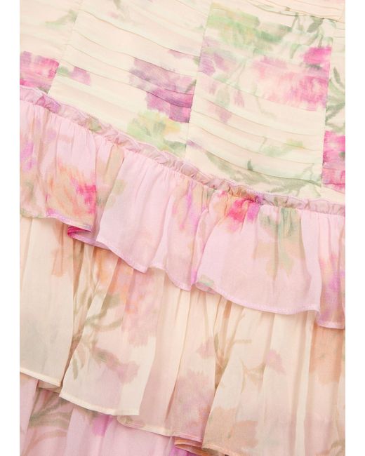 LoveShackFancy Pink Jupe Floral-Print Chiffon Mini Dress