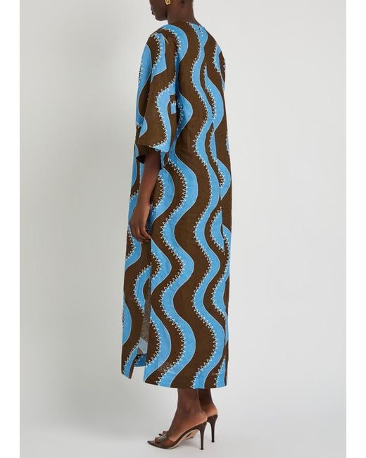 ALÉMAIS Blue Frankie Wavy-Print Linen Midi Dress