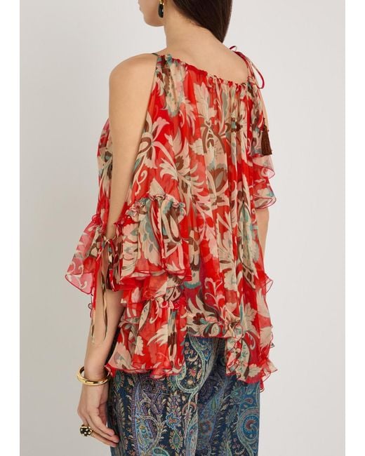 Etro Red Printed Ruffled Silk-Chiffon Top