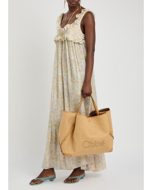 Chloé Natural Clover Medium Logo-Embroidered Raffia Tote