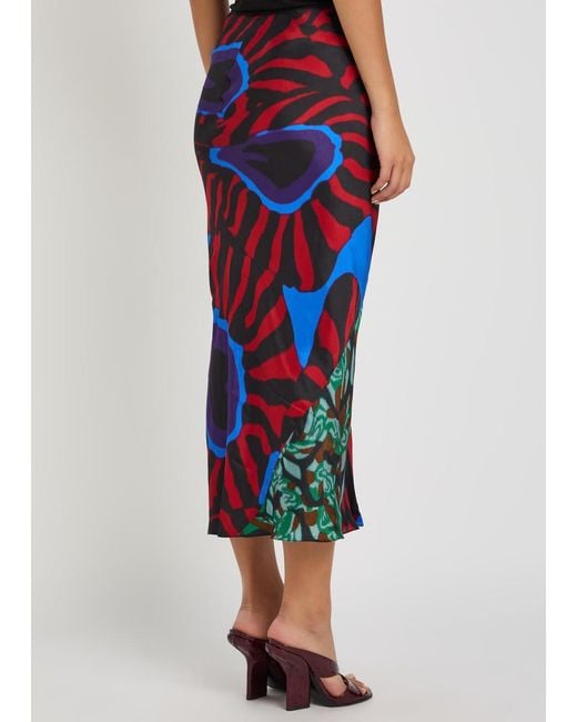 Dries Van Noten Blue Sati Printed Satin Midi Skirt