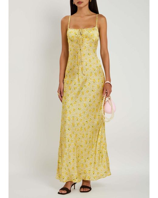 Leslie Amon Yellow Printed Satin Maxi Slip Dress