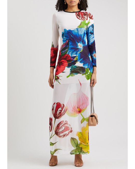 Alice + Olivia White Delora Floral-Print Tulle Maxi Dress