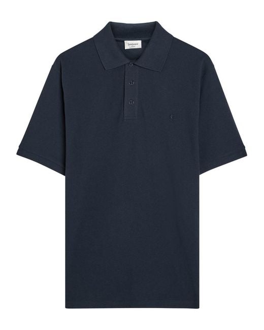 Saint Laurent Blue Logo-Embroidered Piqué Cotton-Blend Polo Shirt for men