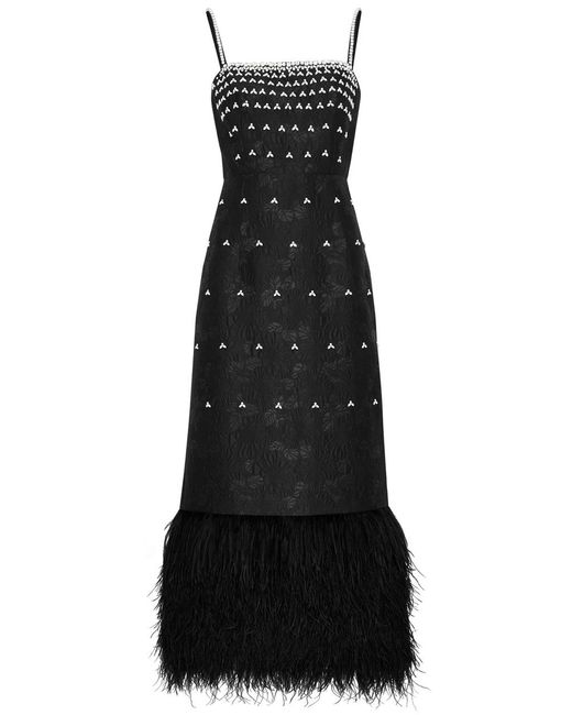 Huishan Zhang Black Astra Feather-trimmed Embellished Cloqué Midi Dress