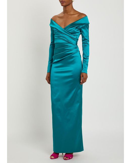Talbot Runhof Blue Off-The-Shoulder Gathered Satin Maxi Dress