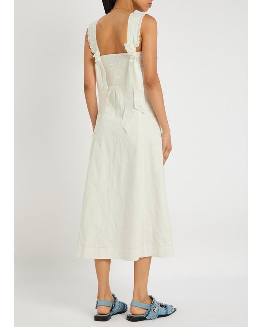 Damson Madder White Fan Fan Embroidered Cotton Midi Dress