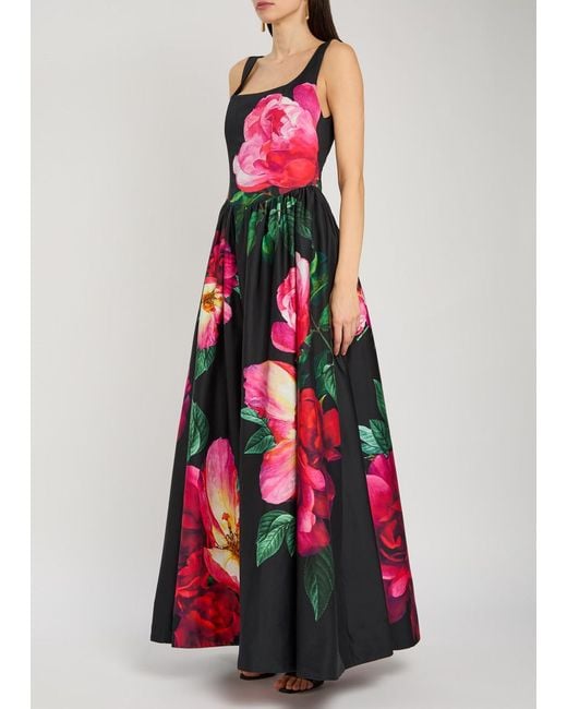 Alice + Olivia Red Tarrie Floral-Print Stretch-Cotton Maxi Dress