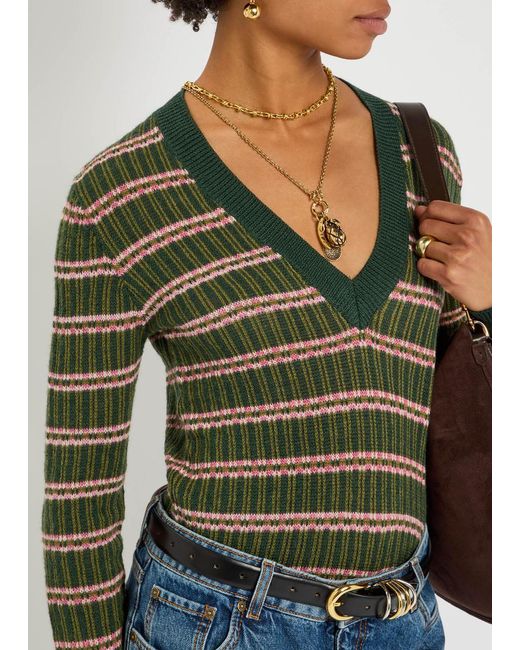 Etro Green Striped Knit Designer V-Neck Jumper Uk10