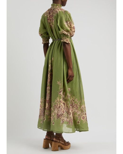 Zimmermann Green Ottie Floral-Print Ramie Maxi Dress