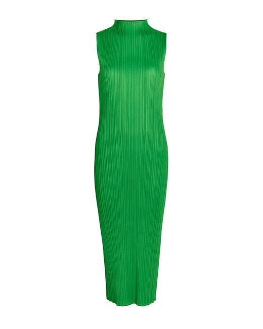 Pleats Please Issey Miyake Green Pleated High-Neck Woven Midi Dress