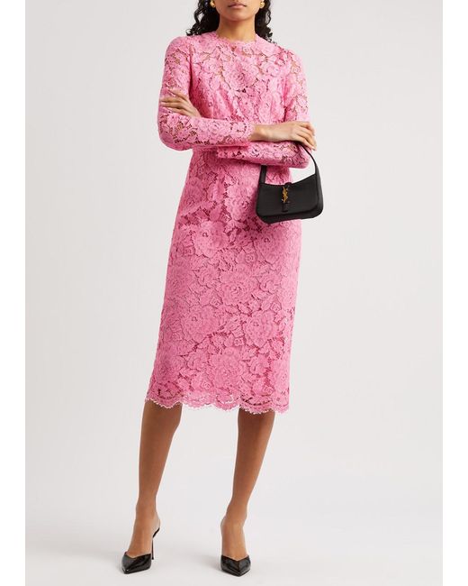 Dolce & Gabbana Pink Lace Midi Dress