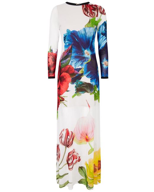 Alice + Olivia White Delora Floral-Print Tulle Maxi Dress