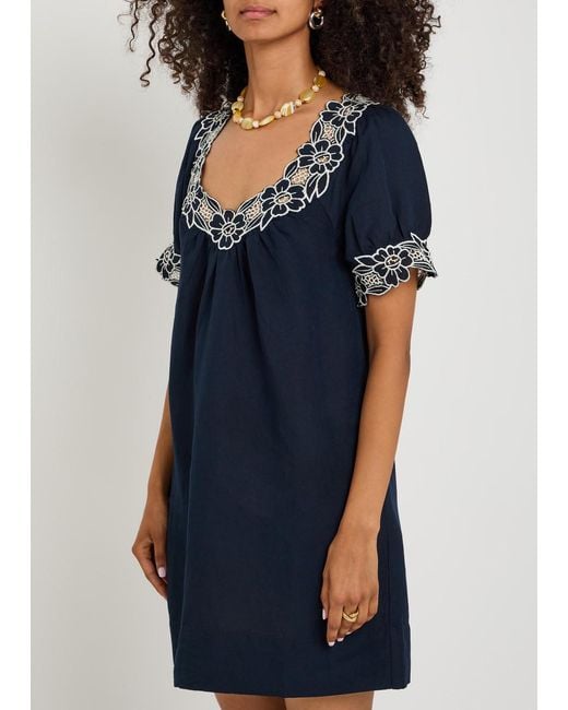 Rixo Blue Cristina Floral-Embroidered Linen-Blend Mini Dress