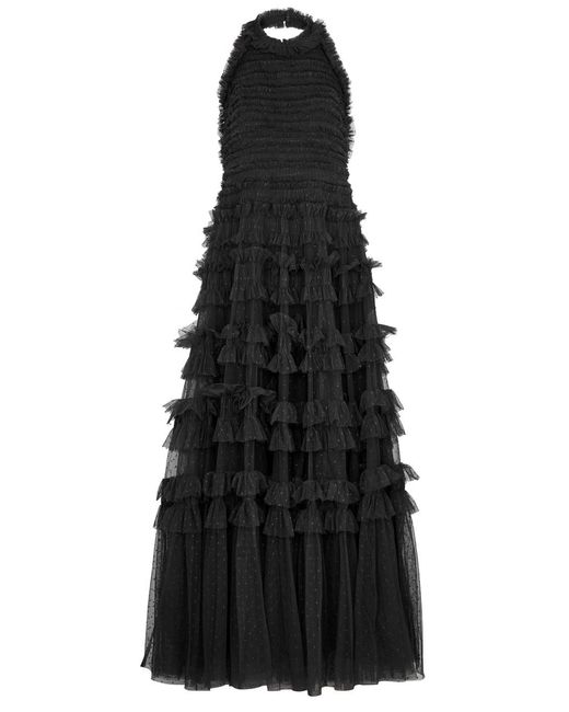 Needle & Thread Black Lisette Ruffled Tulle Gown