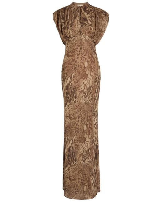De La Vali Brown Ceres Leopard-Print Chiffon Maxi Dress