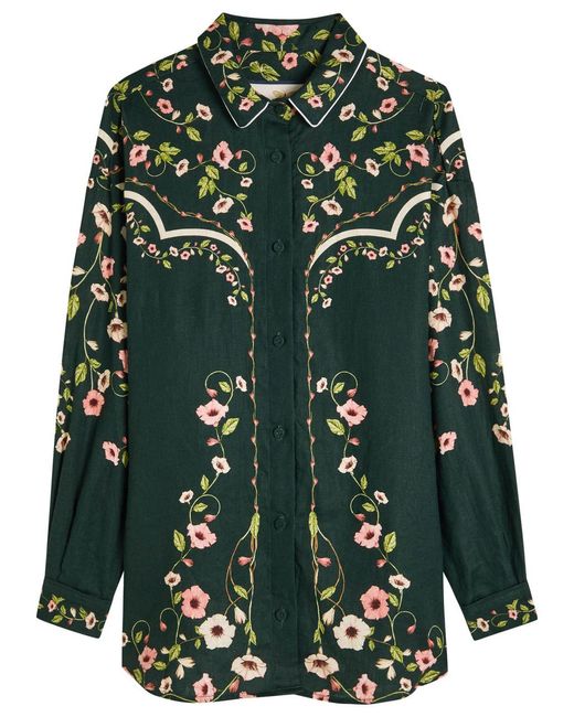 Agua Bendita Green Tota Mosquetero Floral-Print Linen Shirt