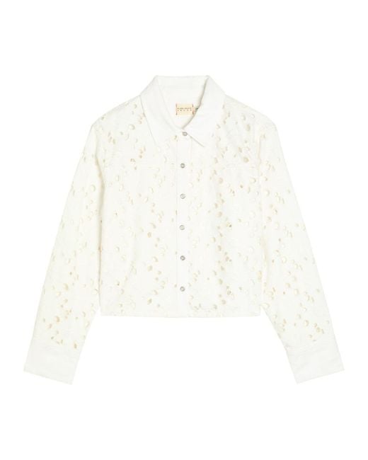 Alice + Olivia White Finely Cutwork Embroidered Denim Shirt